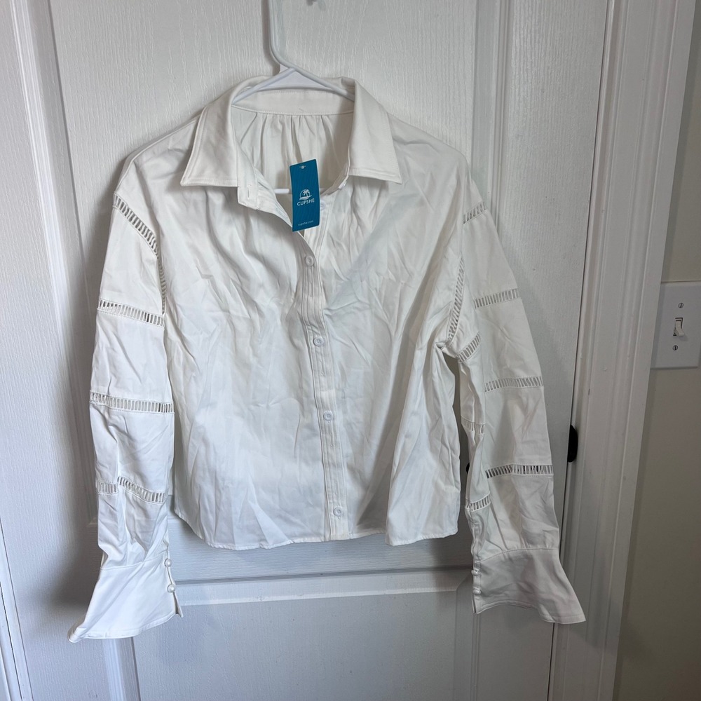 Cupshe Women's White Ladder Stitch Openwork‎ Button Down Shirt Small NWT